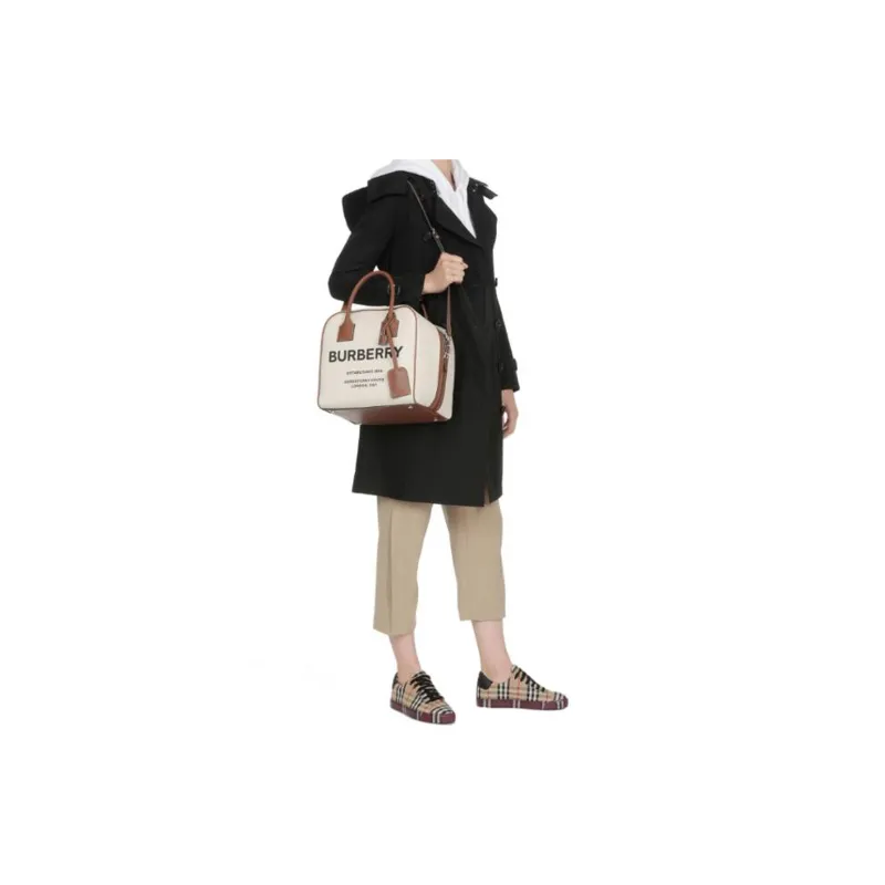 Burberry Cotton Bowling Bag Handbag Medium Size Women's Beige & Brown-5