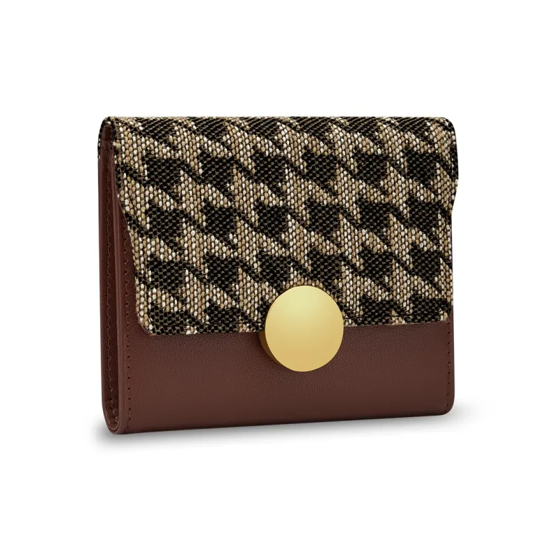 WilliamPOLO Cow Leather Patchwork With Fabric Long Cropped Wallet Multifunction Coin Purse Regular Women's Coffee-4
