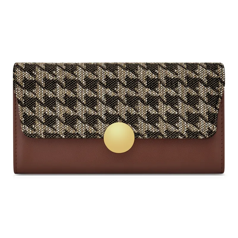 WilliamPOLO Cow Leather Patchwork With Fabric Long Cropped Wallet Multifunction Coin Purse Regular Women's Coffee-6