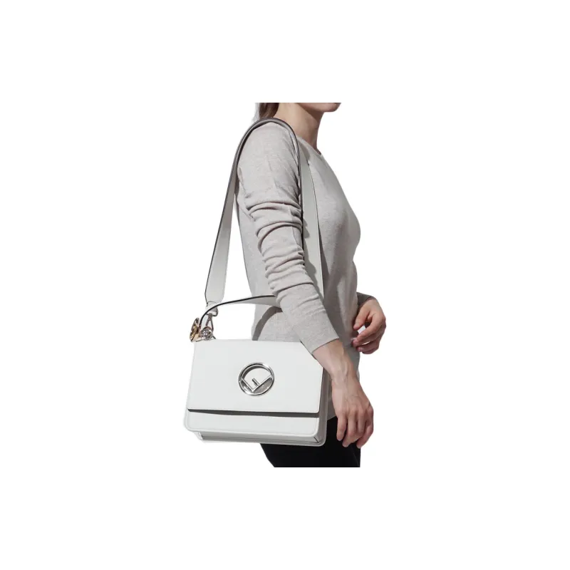 FENDI Kan I Leather Shoulder Bag Crossbody Bag Handbag Women's White-4