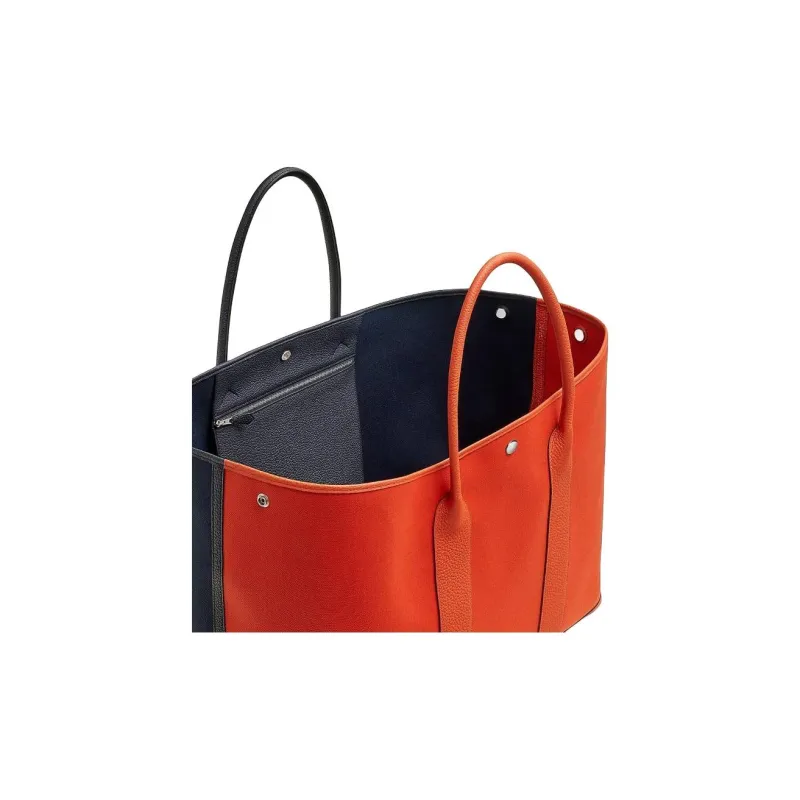 HERMES Garden Party Canvas With Negonda Calfskin Canvas Bag, Handbag Women's Orange-3