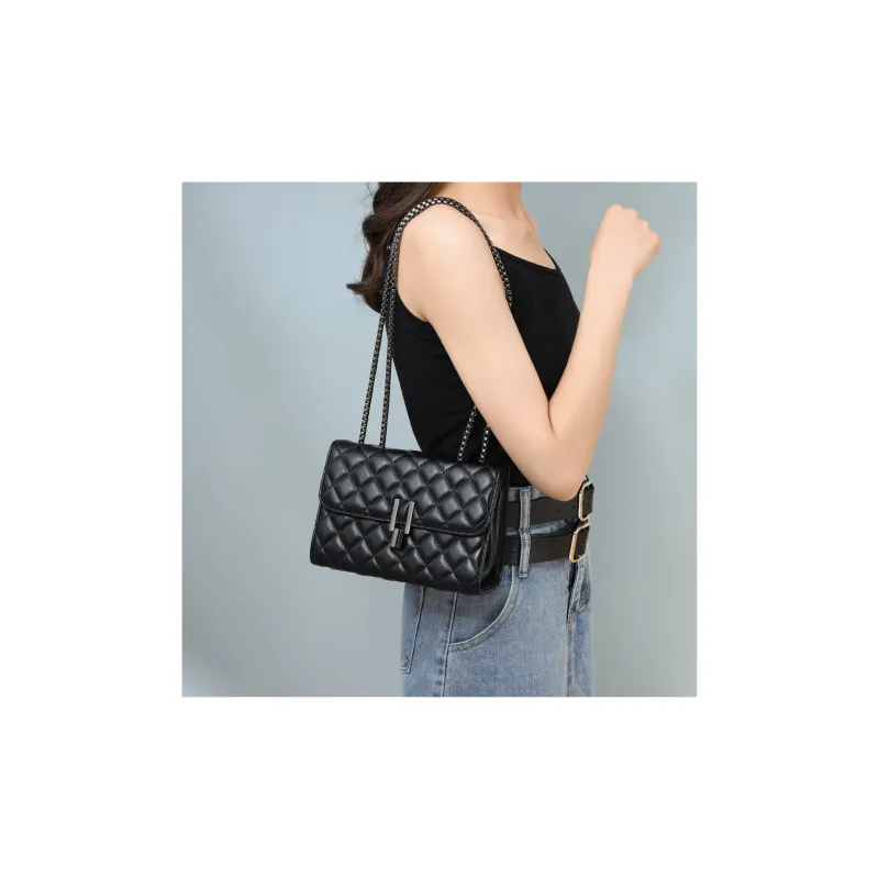 C°BANNER Cow Leather Small Square Bag With Diamond Pattern, Chain Bag, Crossbody Bag Regular Women's Black-4