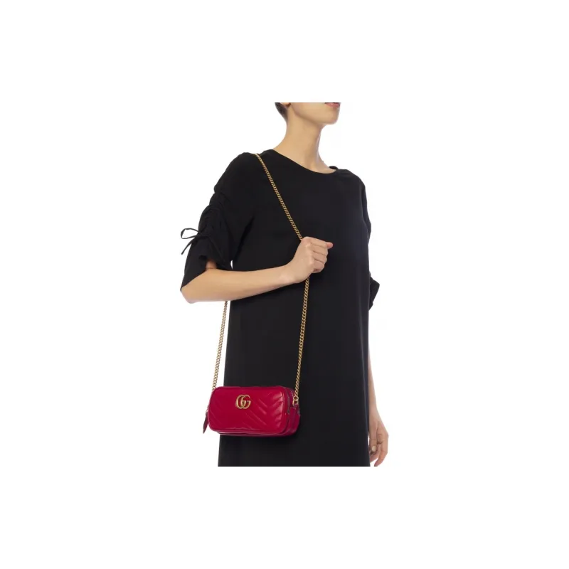 GUCCI Marmont Quilted Leather Crossbody Bag, Shoulder Bag Mini Women's Red-4