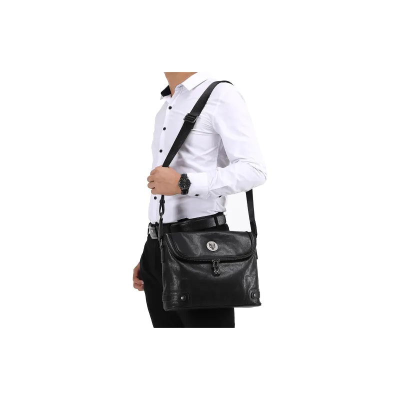Old Man's Head Cow Leather Shoulder Bag Regular Men's Black-7