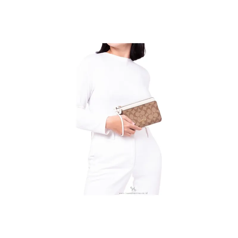 COACH Double Zip Wallet Leather Card Holder, Clutch Wallet Medium Size Women's Saddles Brown Monogram & White-4
