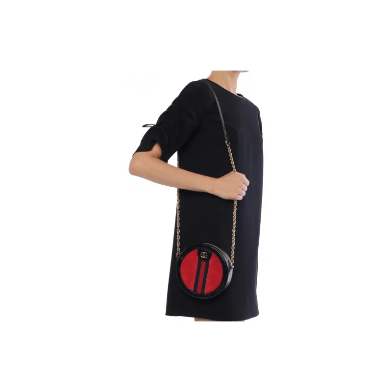 GUCCI Ophidia Suede With Painted Leather Round Cake Bag Shoulder Bag Crossbody Bag Mini Women's Red/Black-4