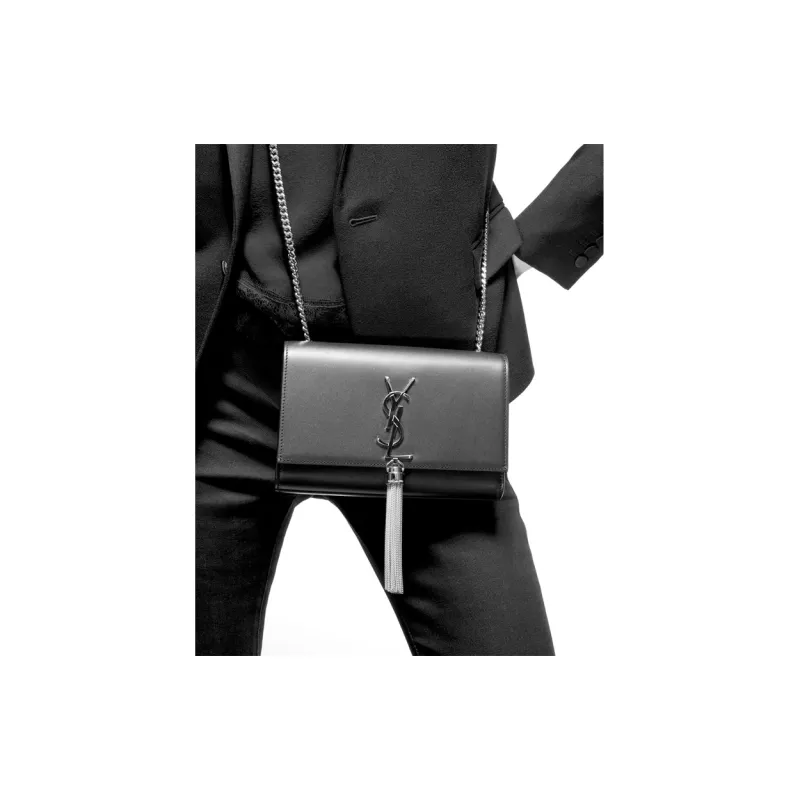 SAINT LAURENT KATE Grain Calfskin Fringe Bag, Shoulder Bag, Crossbody Bag Trumpets Women's White-6