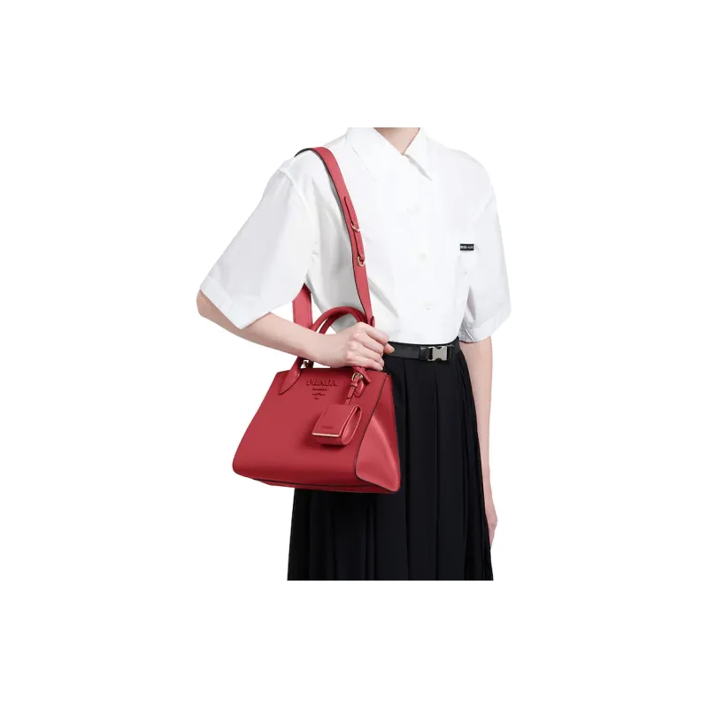 PRADA Saffiano Leather And Calfskin Shoulder Bag Crossbody Bag Handbag Regular Women's Red-4