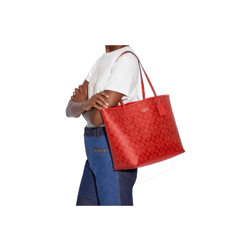 COACH City Coated Canvas With Leather Tote Bag, Shopping Bag, Handbag, Shoulder Bag Women's Miami Red-4