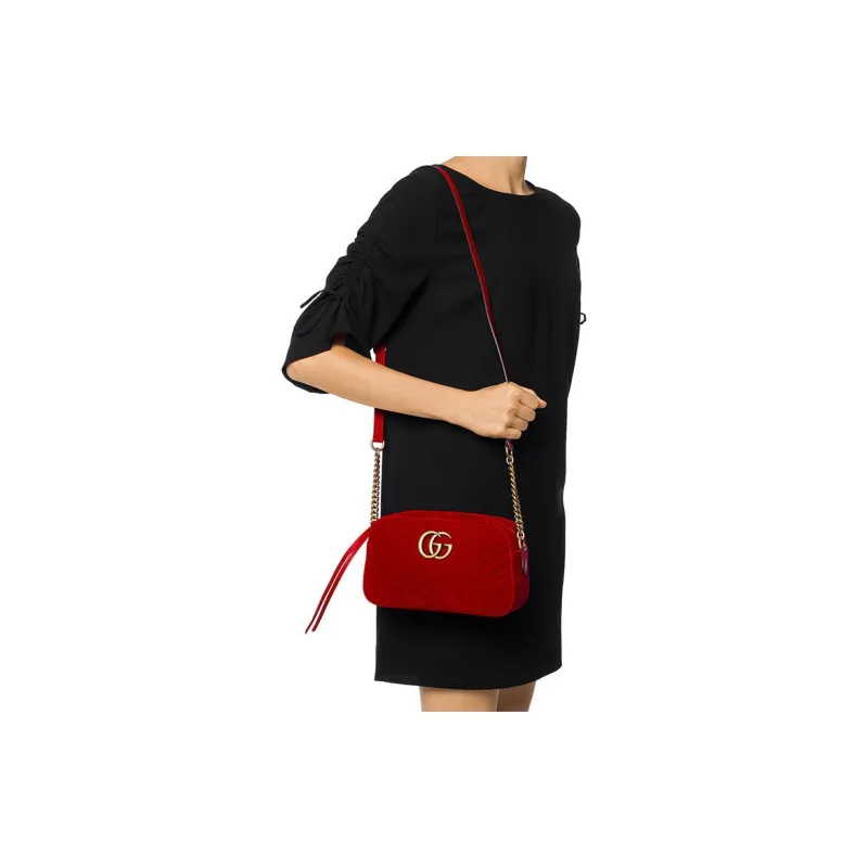 GUCCI Marmont Quilted Velvet Camera Bag, Shoulder Bag, Crossbody Bag Women's Red-6