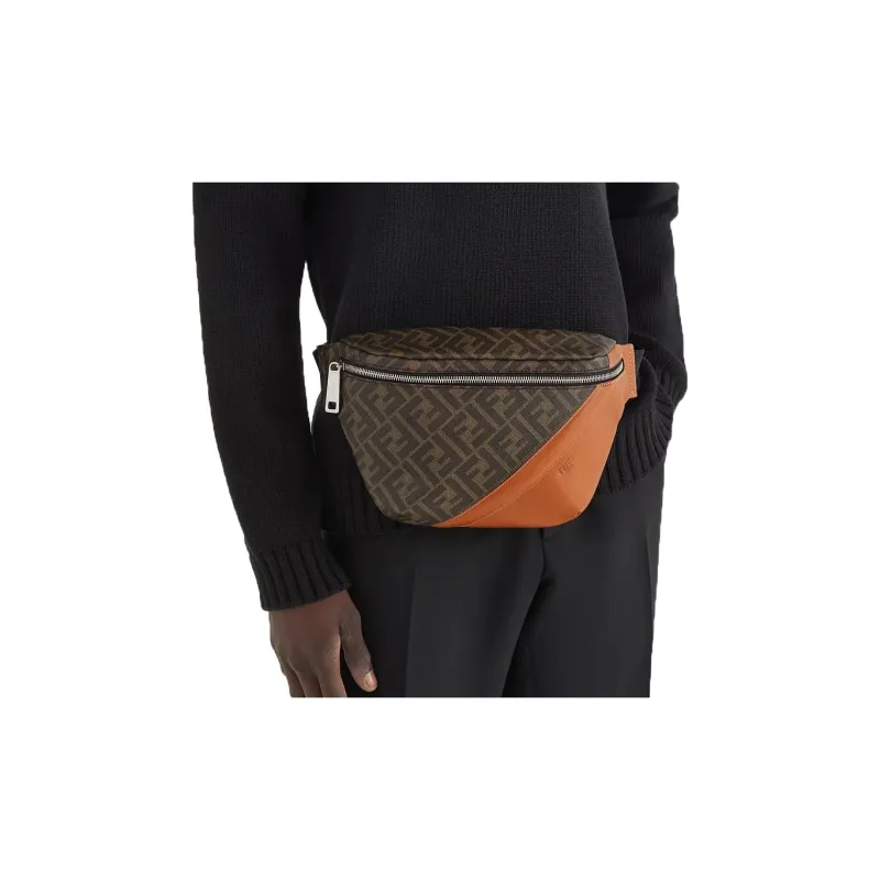 FENDI Coated Canvas With Leather Sling Bag Fanny Pack Men's Brown-4