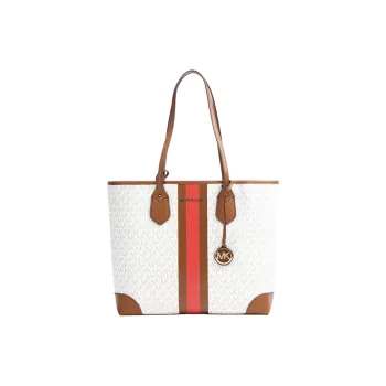 MICHAEL KORS Eva Canvas Tote Bag, Shopping Bag, Handbag Women's Acorn Brown & Coral Red & White