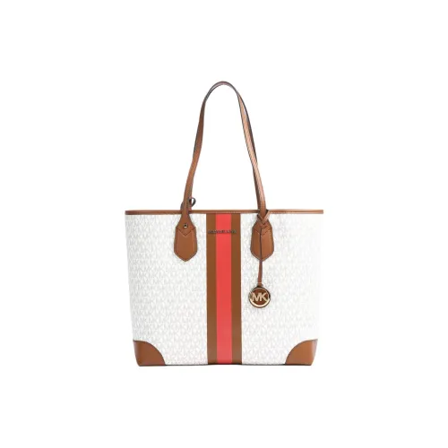 MICHAEL KORS Eva Canvas stayhomewithbags Bag, Shopping Bag, Handbag Women's Acorn Brown & Coral Red & White
