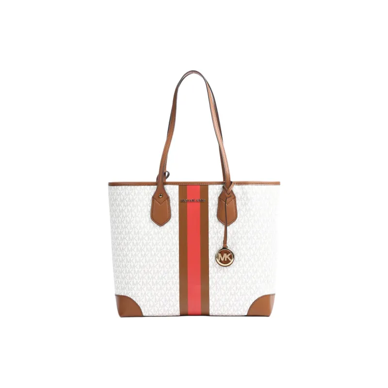 MICHAEL KORS Eva Canvas Tote Bag, Shopping Bag, Handbag Women's Acorn Brown & Coral Red & White-0
