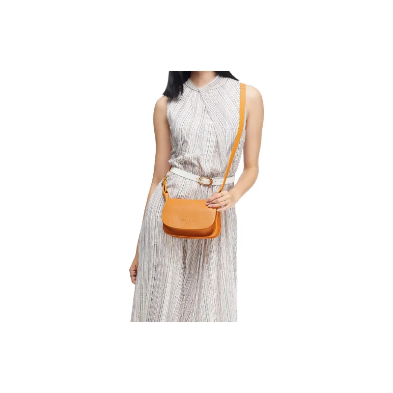LONGCHAMP Pebbled Cow Leather Wallets Shoulder Bag Crossbody Bag Small Size Women's Orange-4
