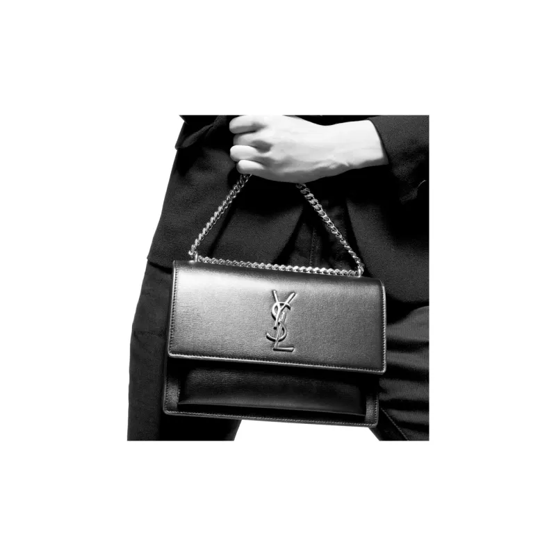 SAINT LAURENT SUNSET Crocodile Embossed Bright Leather Sunset Bag, Crossbody Bag, Shoulder Bag Women's Vintage White-7