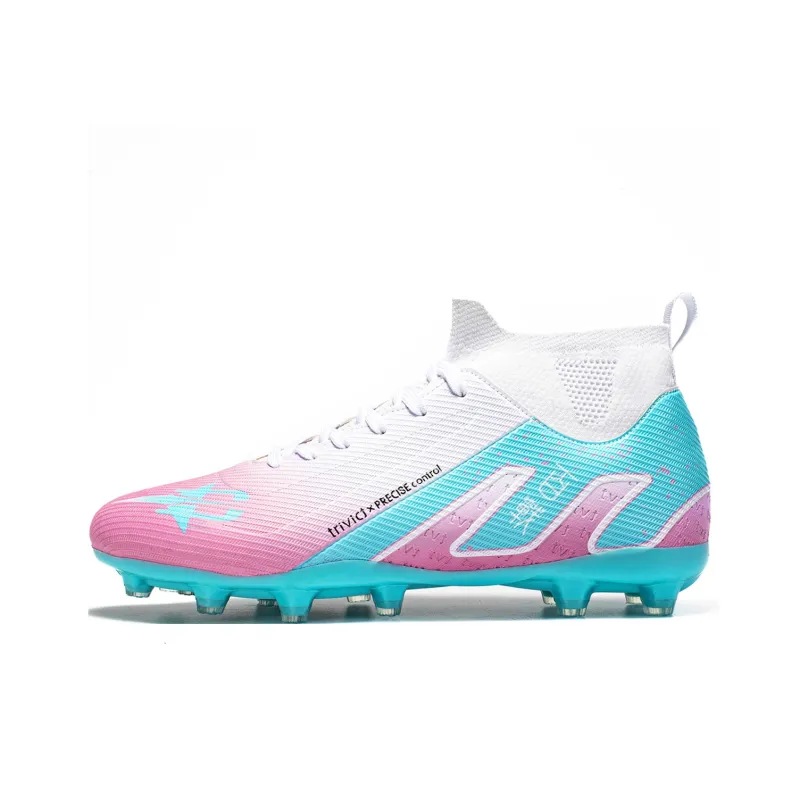 TriVict Win A Hundred Battles And Win A Hundred Victories. Soccer Shoes Unisex Mid Top White/Pink/Aqua/Blue-39