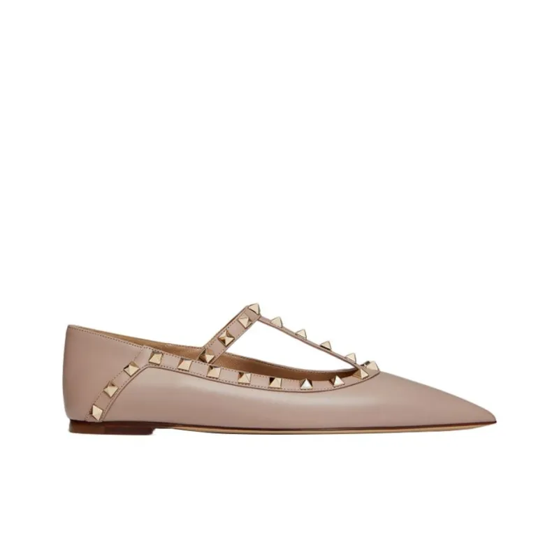 Valentino Rockstud Flat Casual Single Shoes Women's Light Pink-1