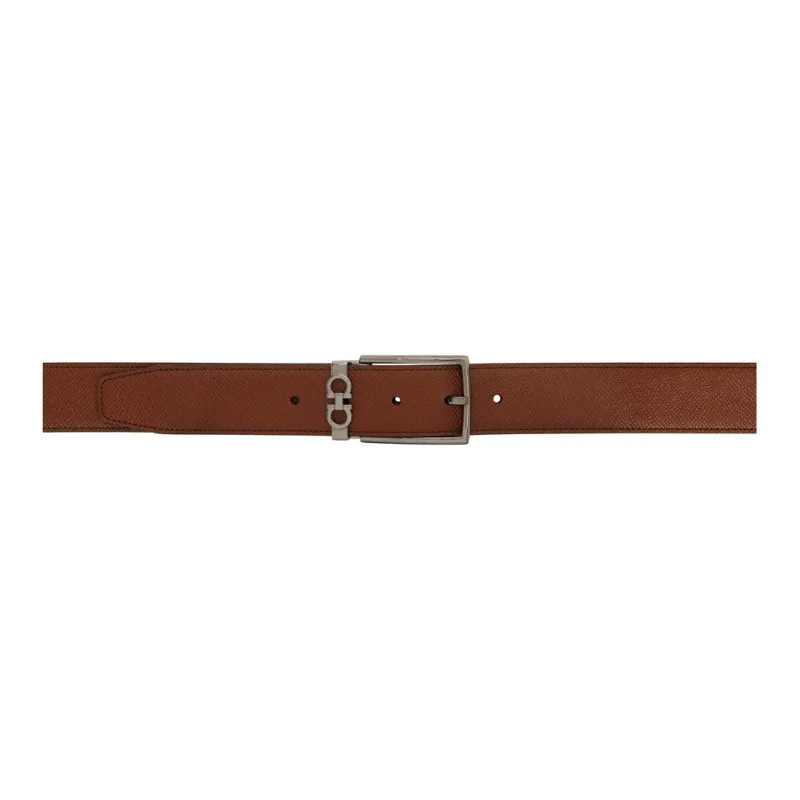 FERRAGAMO Silver Badge Brogues Metal Calfskin Leather Belts Women's Brown 4CM-1