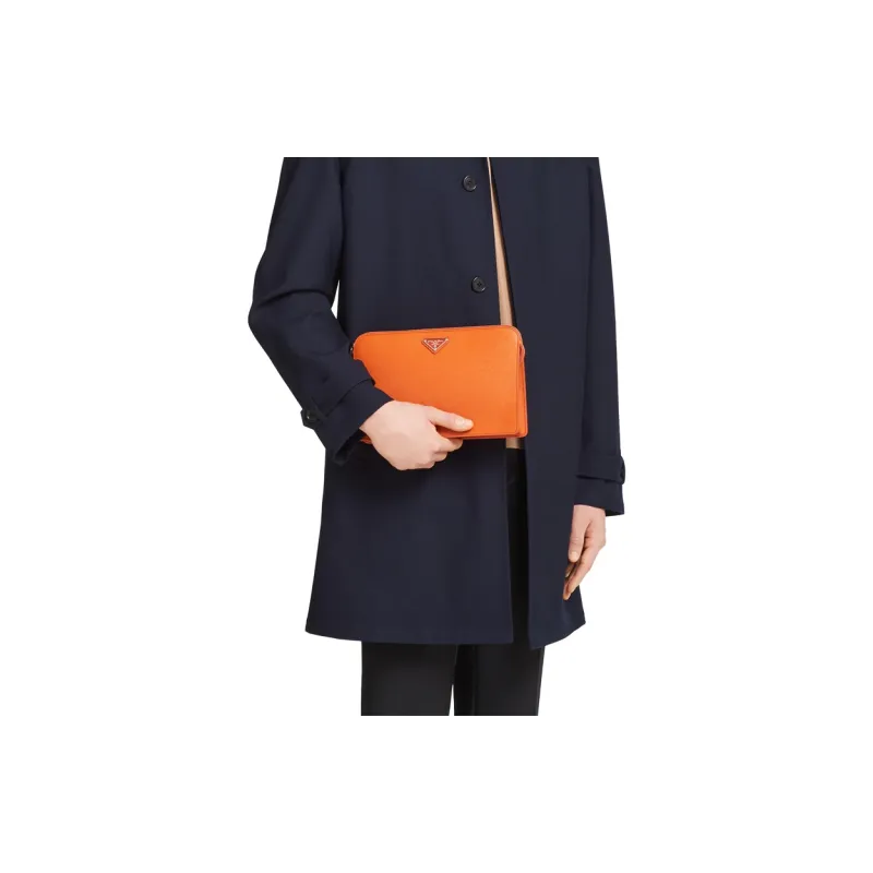 PRADA Saffiano Leather Material Clutch Men's Papaya Color-3