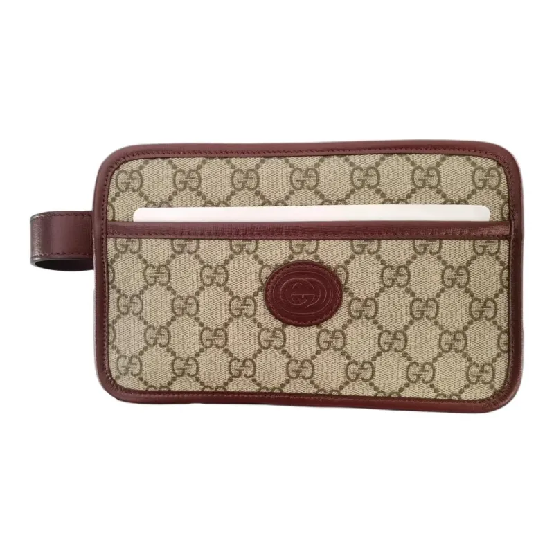 GUCCI Canvas With Leather Canvas Bag Toiletry Bag Travel Bag Clutch Women's Burgundy & Brown-1