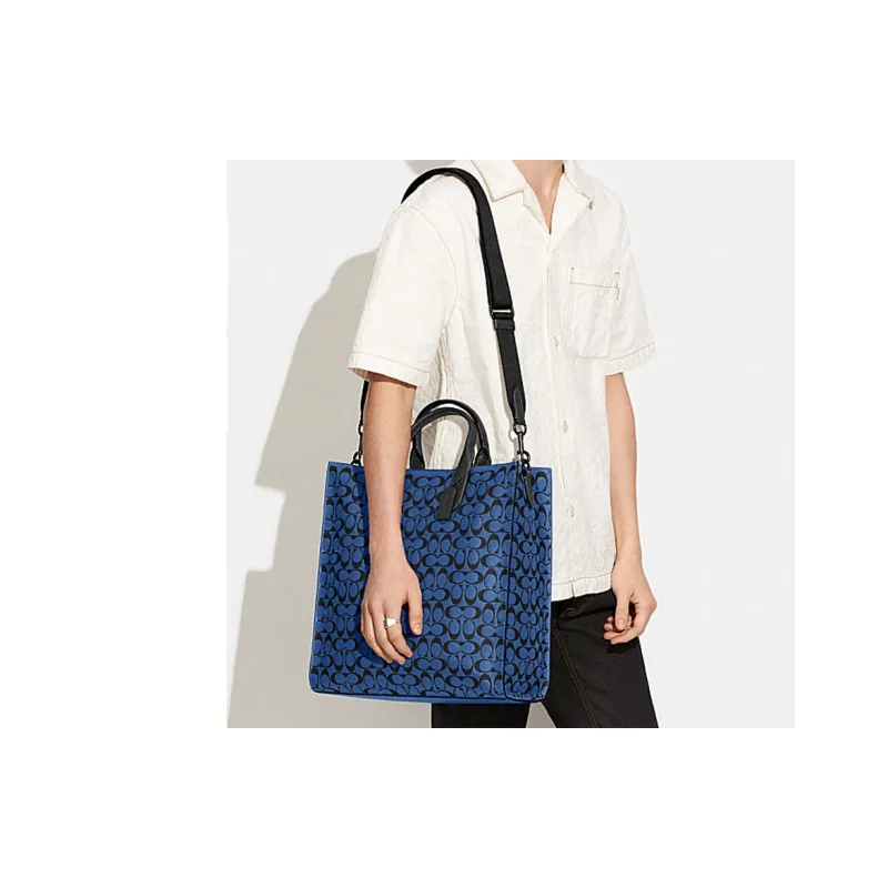 COACH Cow Leather Tote Bag Shopping Bag Shoulder Bag Crossbody Bag Handbag Large Size Men's Blue-4