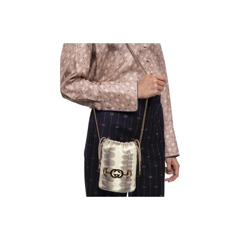 GUCCI Zumi Python Skin Bucket Bags Crossbody Bag Shoulder Bag Women's Beige-9