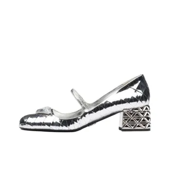 PRADA Block Heel Mary Jane Shoes Women's Silver