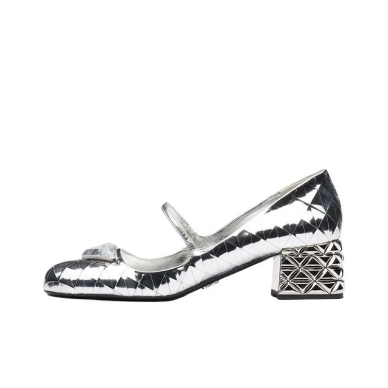 PRADA Block Heel Mary Jane Shoes Women's Silver-0