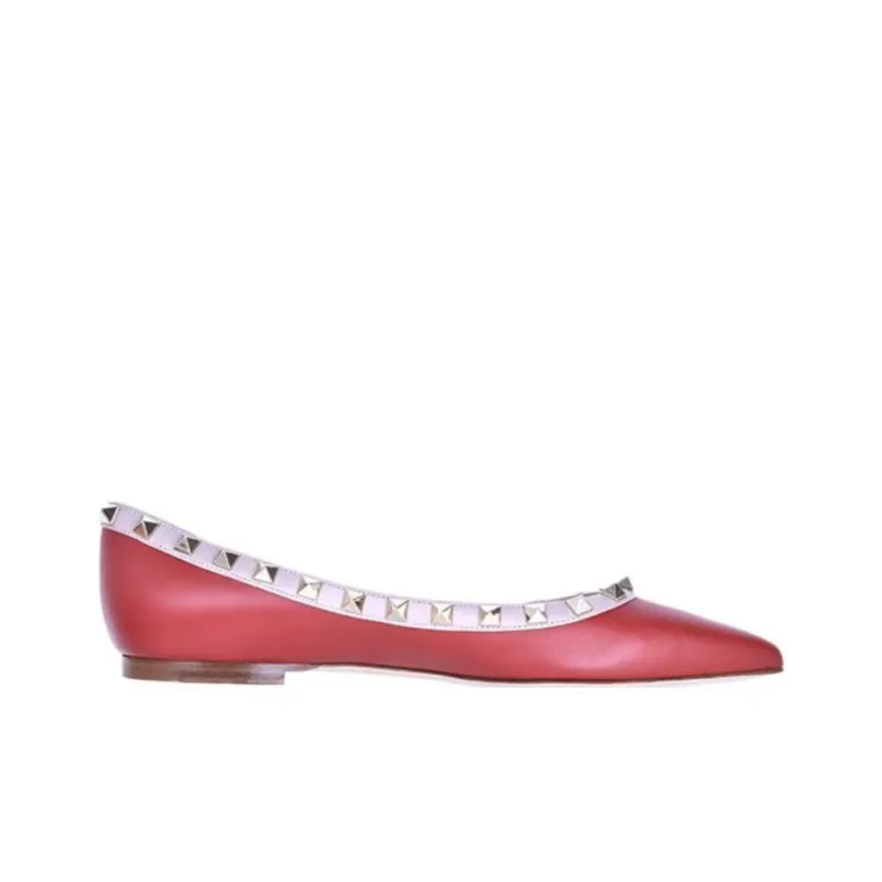 Valentino Rockstud Flat Shoes Women's Red-1