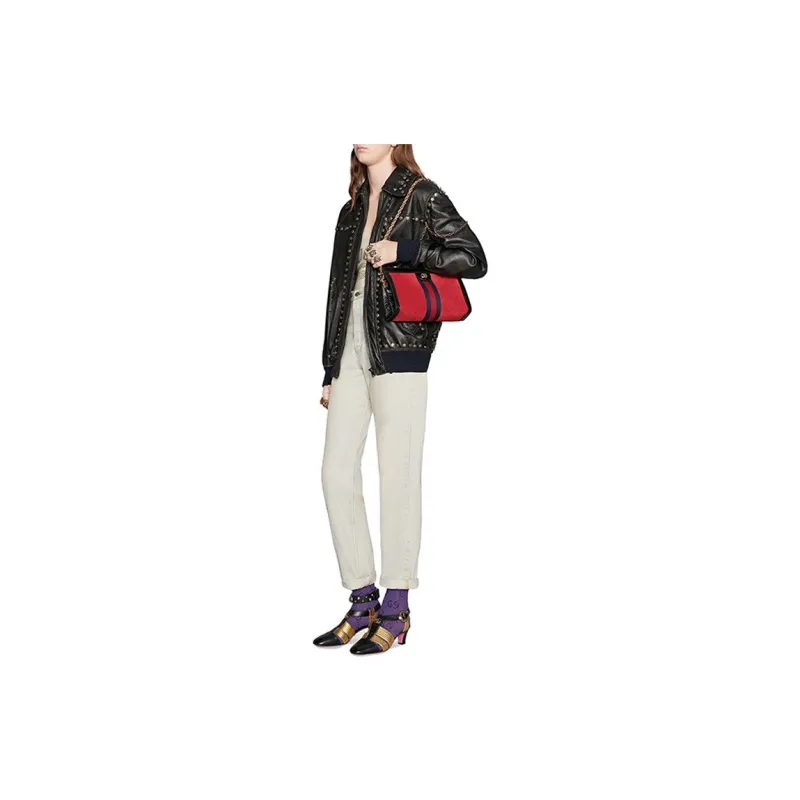 GUCCI Ophidia Suede Patchwork Patent Leather Shoulder Bag, Crossbody Bag Small Size Women's Black/Red-5
