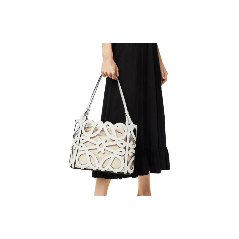 LOEWE Anagram Cow Leather Tote Bag Shopping Bag Handbag Small Size Women's White-5