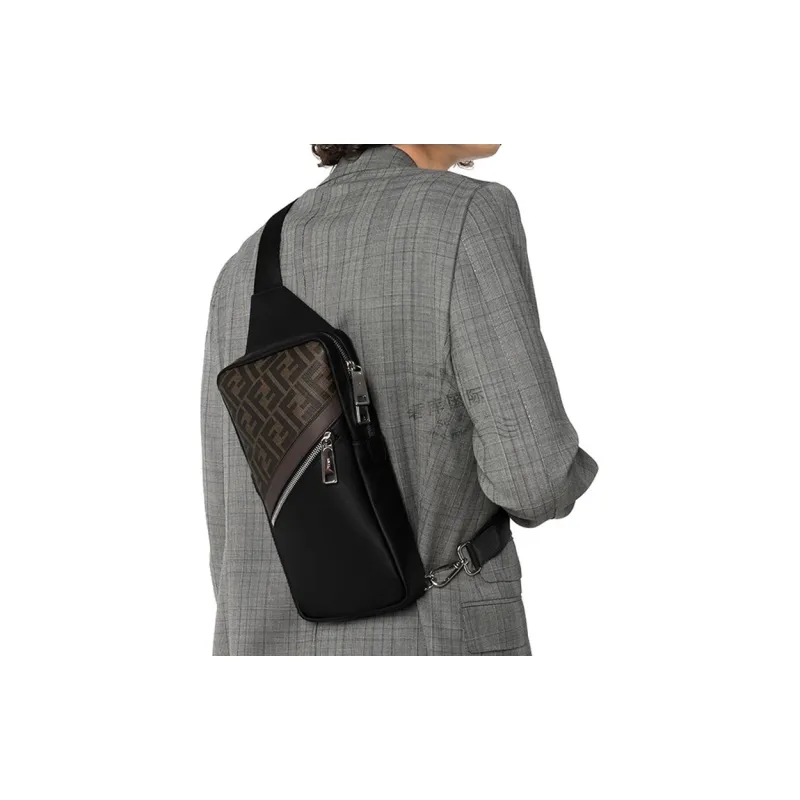 FENDI Coated Canvas With Leather Sling Bag Shoulder Bag Crossbody Bag Regular Men's Black/Brown-8