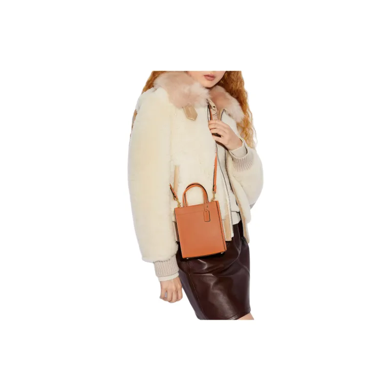 COACH Cashin Tanned Leather Tote Bag, Shopping Bag, One Shoulder Handbag Mini Women's Brass & Orange-4