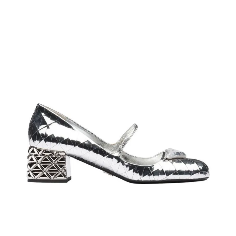 PRADA Block Heel Mary Jane Shoes Women's Silver-1