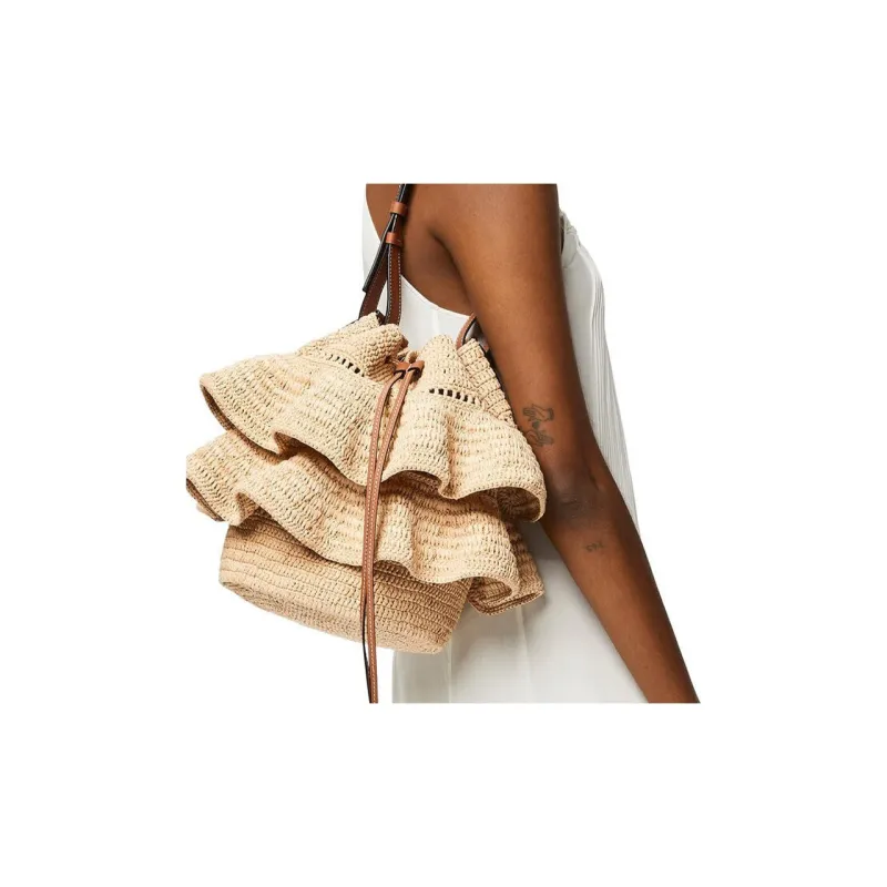 LOEWE Balloon Raffia Fiber Combined With Cow Leather Pleated Portable Crossbody Bag Shoulder Bag Women's Brown-4