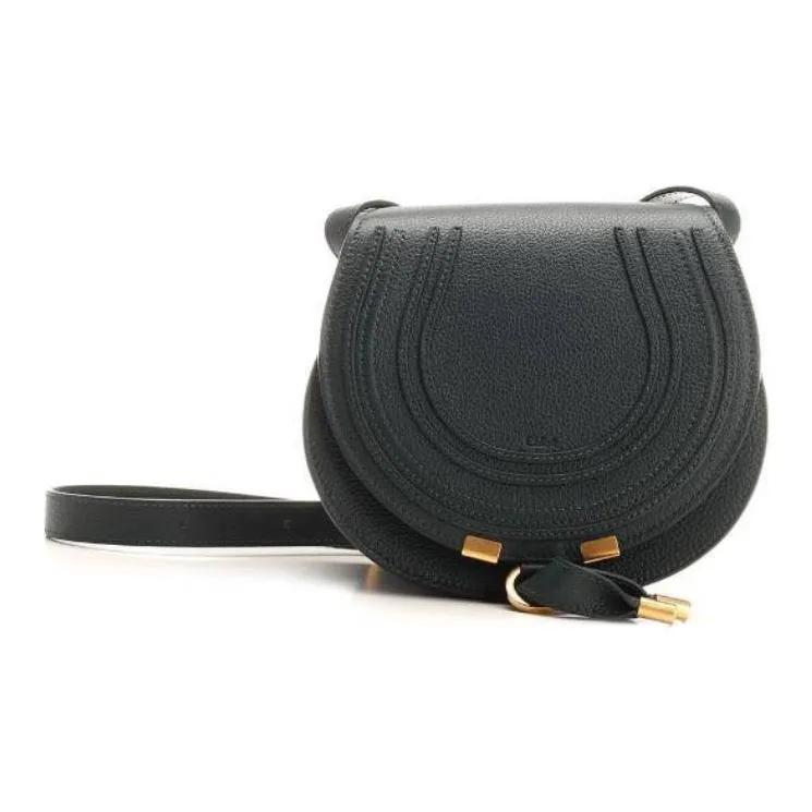 Chloe Marcie Grained Calfskin Saddle Bag Shoulder Bag Crossbody Bag Small Size Women's Black-0