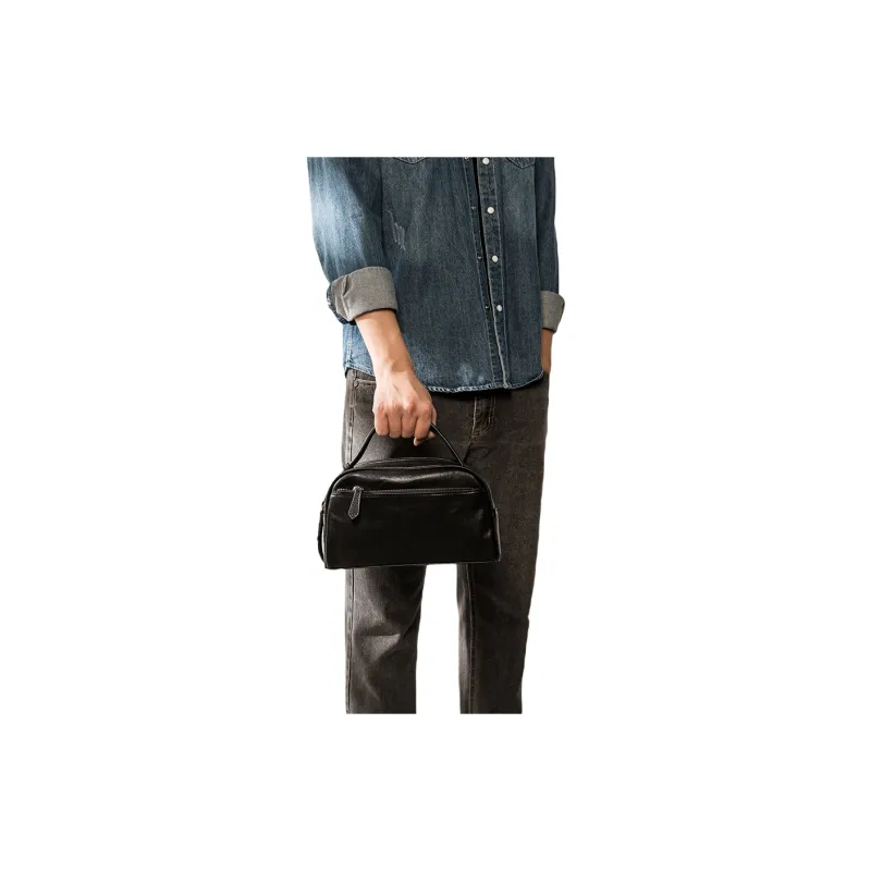 Back Step Top Grain Cow Leather Handbag Regular Unisex Black-6