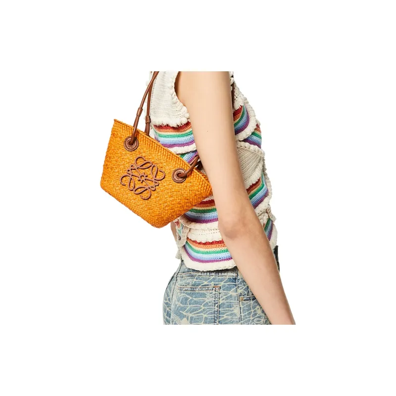 LOEWE Basket Iraque Palm Fiber/Cow Leather Basket Bag Shoulder Bag Tote Bag Shopping Bag Handbag Mini Women's Orange-3