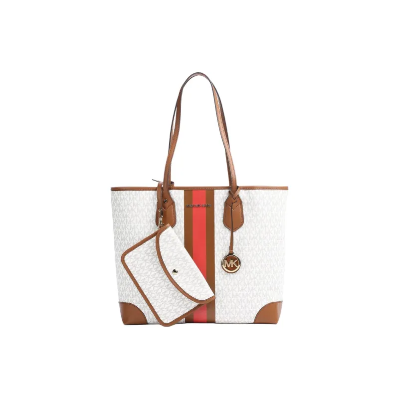 MICHAEL KORS Eva Canvas Tote Bag, Shopping Bag, Handbag Women's Acorn Brown & Coral Red & White-1