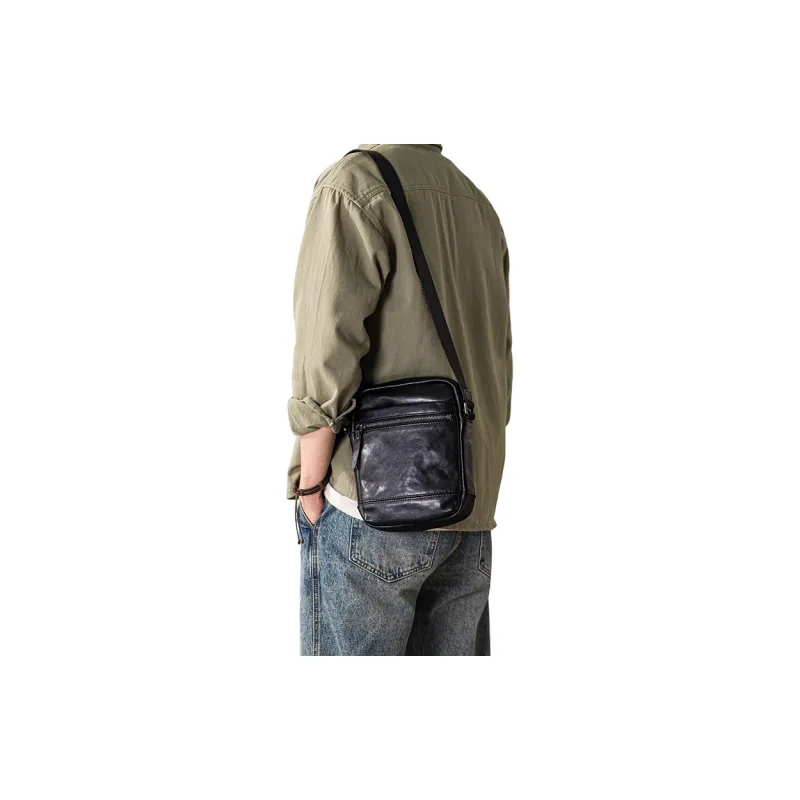 Back Step Top Grain Vegetable Tanned Cow Leather Genuine Leather Shoulder Bag, Crossbody Bag Unisex Black-6