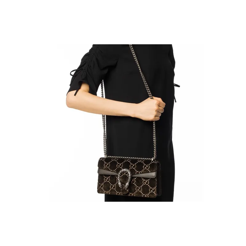 GUCCI Dionysus Velvet With Leather Shoulder Bag Crossbody Bag Small Size Women's Olive Green-4