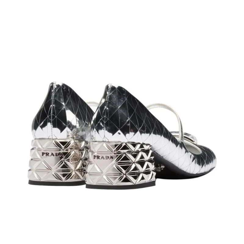 PRADA Block Heel Mary Jane Shoes Women's Silver-3