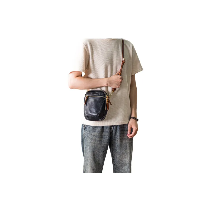 Back Step Top Grain Vegetable Tanned Cow Leather Genuine Leather Shoulder Bag, Crossbody Bag Trumpets Unisex Black-4