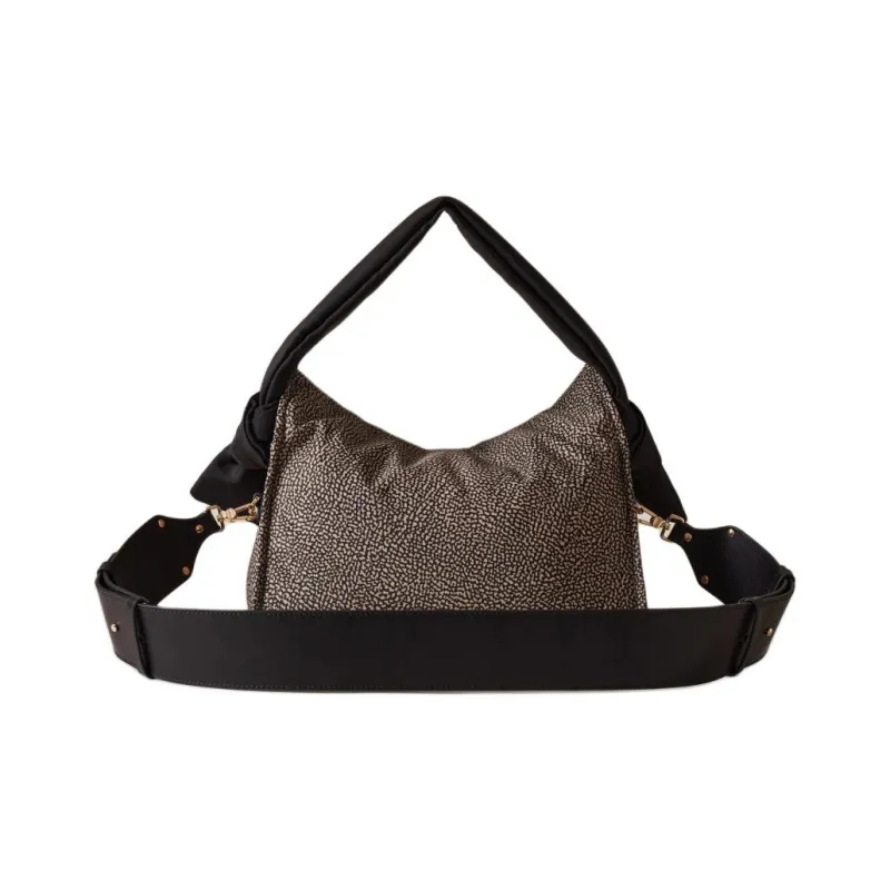 BORBONESE Polyester Hobo Bag, Portable Crossbody Bag, Shoulder Bag Trumpets Women's Natural & Black-2