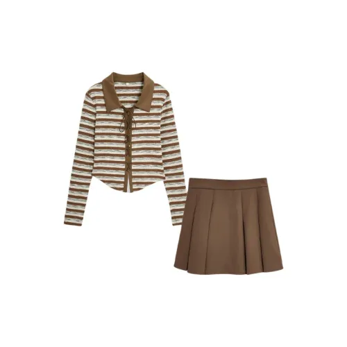 Love to serve Two Piece Skirt Sets Women's Apricot Coffee Stripe