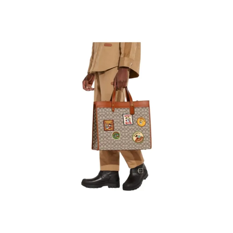 COACH Disney Collaboration Field Iconic Fabric Jacquard And Glove Tanned Leather Handbag Tubas Men's Brown-3