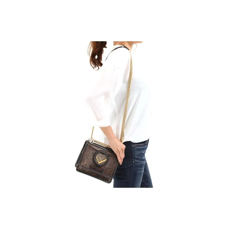FENDI Kan I Tech Mesh Material Patchwork Leather One Shoulder Handbag Crossbody Bag Mini Women's Brown-7