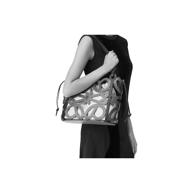 LOEWE Cow Leather Canvas Tote Bag Shopping Bag Handbag Shoulder Bag Small Size Women's Black-2
