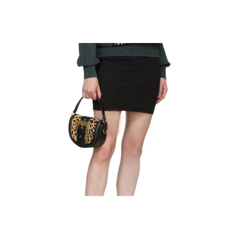 VERSACE JEANS COUTURE Polished Leather With Calf Hair Portable Crossbody Bag, Shoulder Bag Women's Black-4